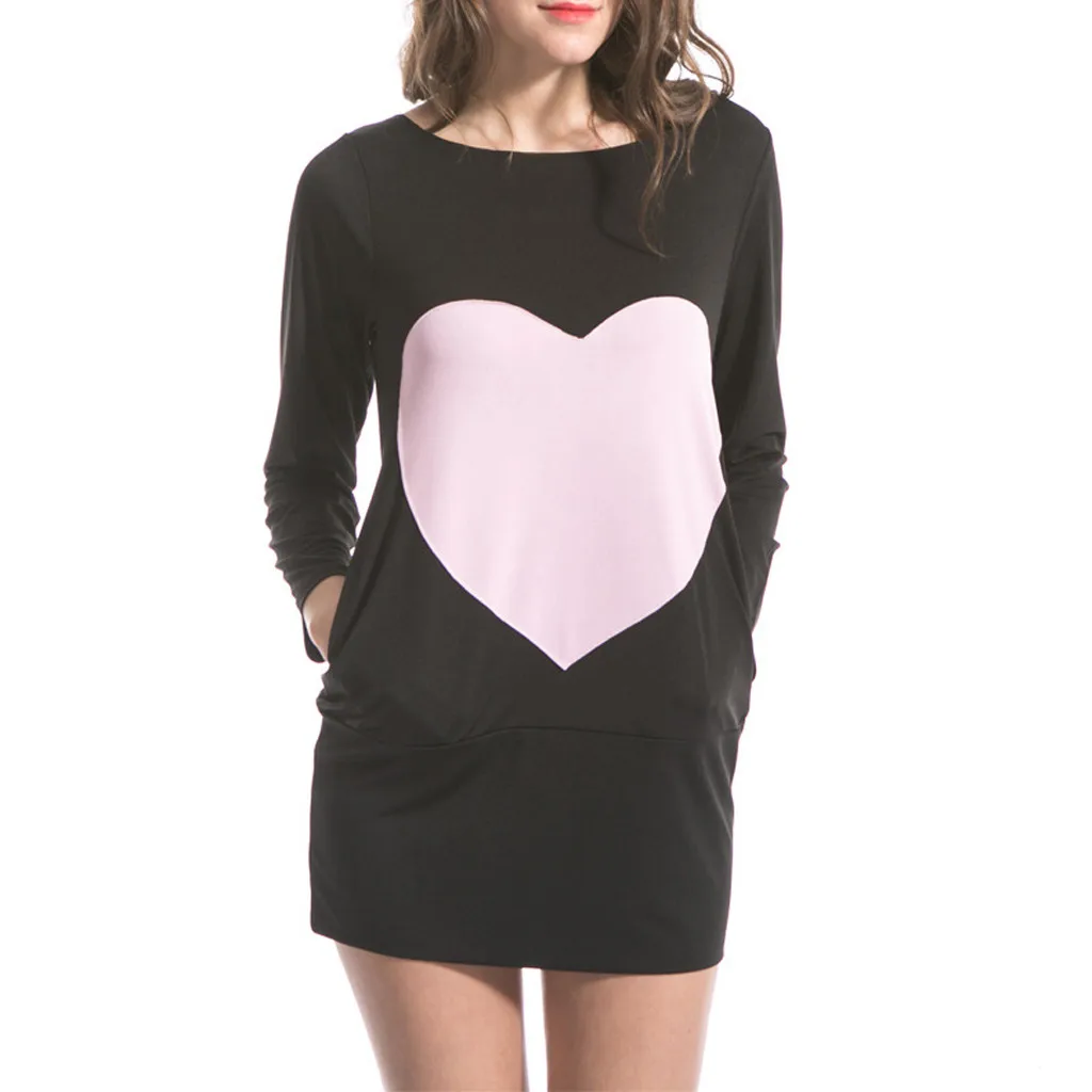 Модное женское платье с длинными рукавами и круглым вырезом сердечком карманом