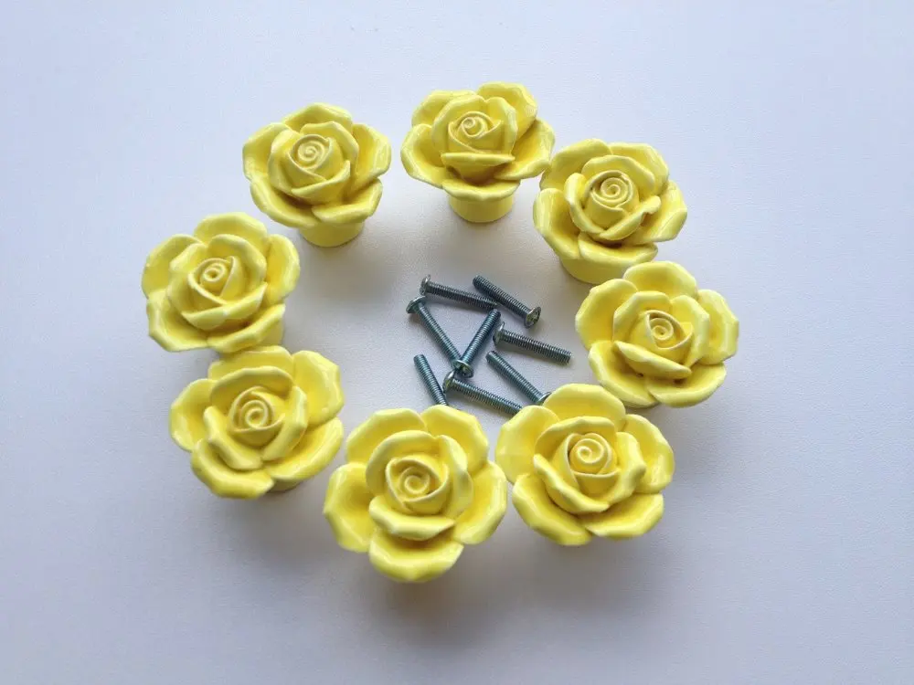 Дополнительная желтая винтажная керамическая дверная ручка с цветком розы шкаф