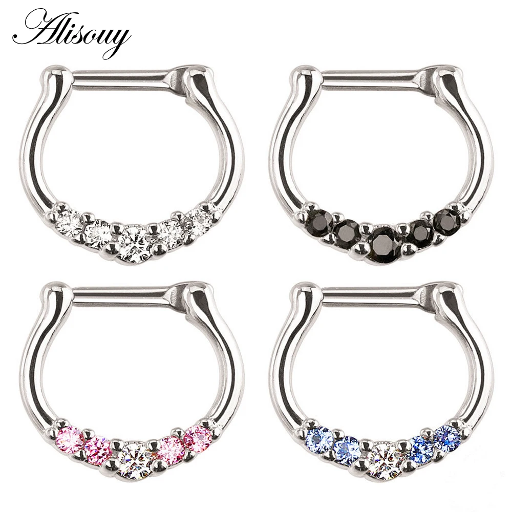 Alisouy 1pc Women Nose Ring body piercing jewelry colorful Surgical Stainless Steel Zircon Clicker Small Hoop Septum Jewelry | Украшения и