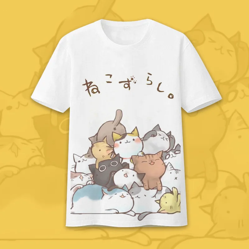 Повседневная футболка для девочек Neko Atsume Футболки с круглым вырезом и милым