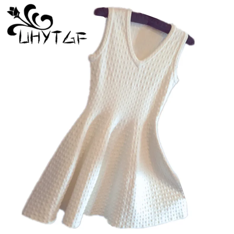 UHYTGF Summer Dress Women New 2019 Fashion A-line Short white Cute Party Sleeveless V neck Casual knitting Dresses64 | Женская одежда