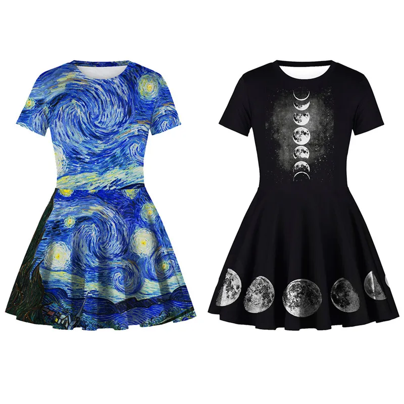 

Girls Dress Paisley Moon Pattern Princess Dresses O Necked Short Sleeve Pleated Dress Digital Printed Dresses For 7-12Y