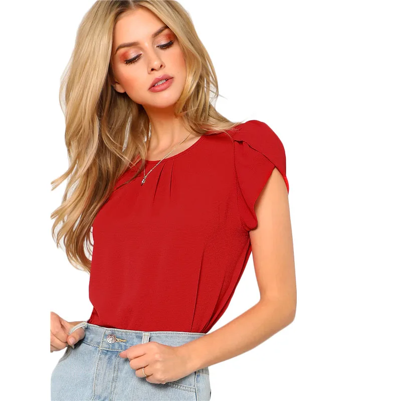 SHEIN Однотонный Топ С Оригинальным Рукавом Женская Летняя Повседневная Блузка С Круглым Вырезом И Короткими Рукавами