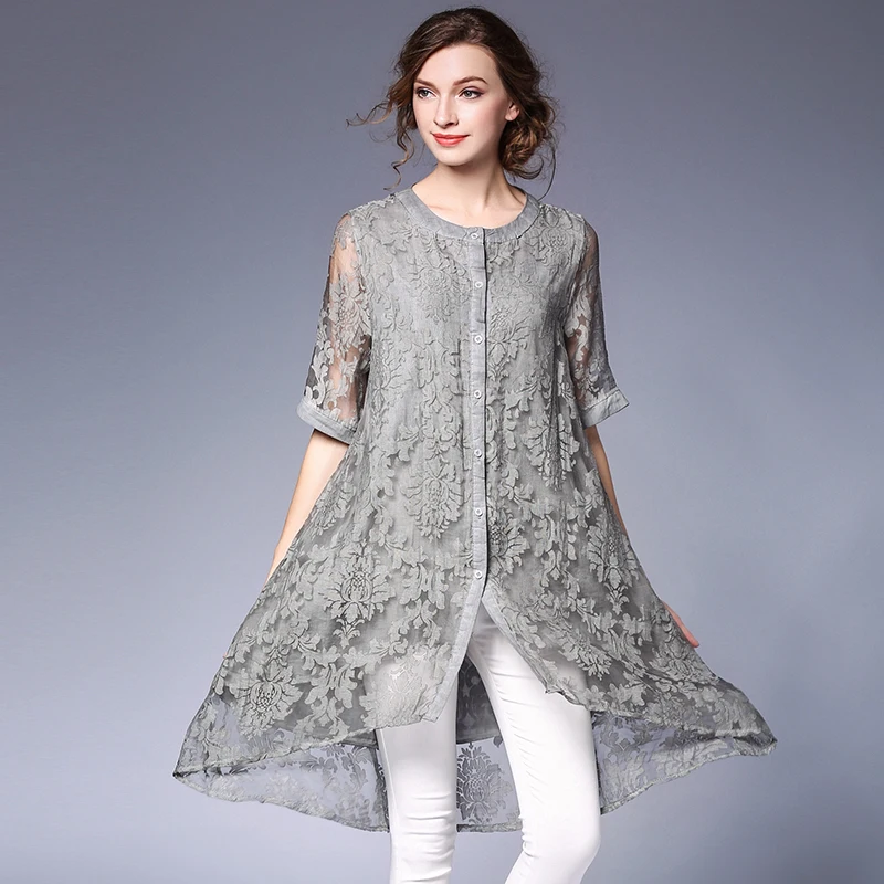 2017 Летняя мода Женщины Цветочный длинная блуза Большие размеры Полые Цветы Кофта