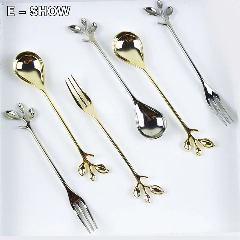 Шикарная вилка с листьями и фруктами золотистого серебряного цвета европейский