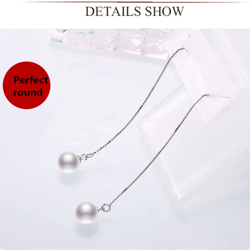 R Luxury fashion Earrings for women S925 Sterling Silver Ear line 9-10mm natural Perfect round Pearl drop Free shipping | Украшения и