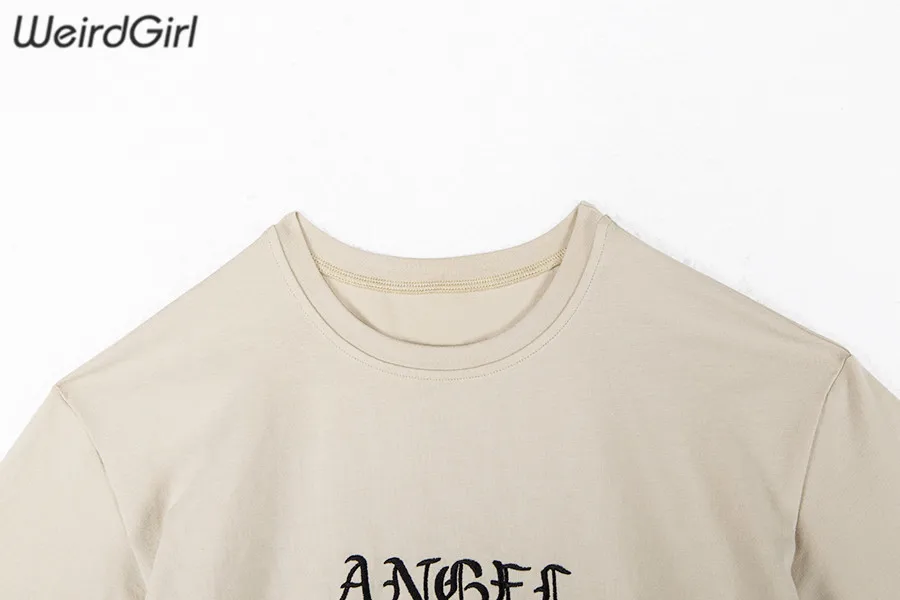 Weirdgirl, женские повседневные модные футболки с вышивкой ангела, с буквенным принтом, с коротким рукавом, с круглым вырезом, цвета хаки, свободные эластичные женские футболки, летняя Новинка