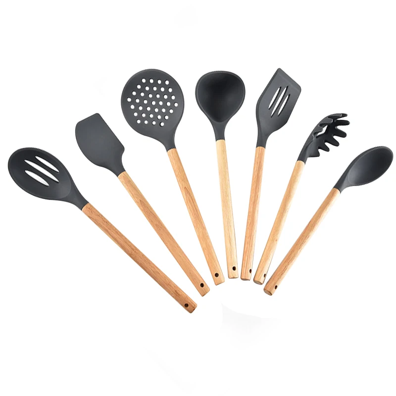 7Pcs Gray 7 шт./компл. деревянный силиконовый Кухня Пособия по кулинарии набор посуды с антипригарным покрытием спагетти дуршлаг инструменты Кухня аксессуары - Цвет: 7Pcs Gray