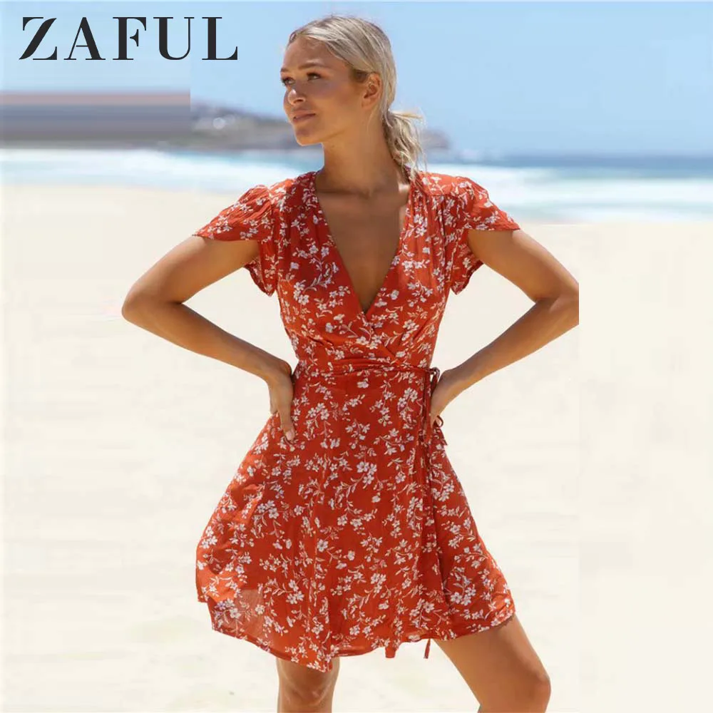 ZAFUL Летнее Платье Женщинские V образным Вырезом с Цветочным Принтом Wrap Dress A силует