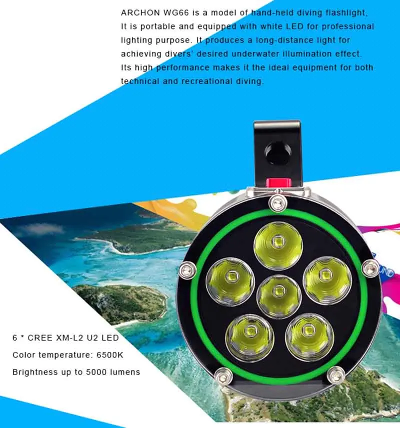 Карманный фонарик для дайвинга ARCHON DG60 WG66 6* L2 U2 Светодиодный прожектор Водонепроницаемый Подводный факел Перезаряжаемые литий-ионными типами Батарея пакет