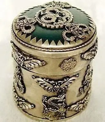 

Crafts Arts NICE CHINESE OLD Exquisite jewelry Tibet silver dragon green jade box Garden Decoration Brass brass