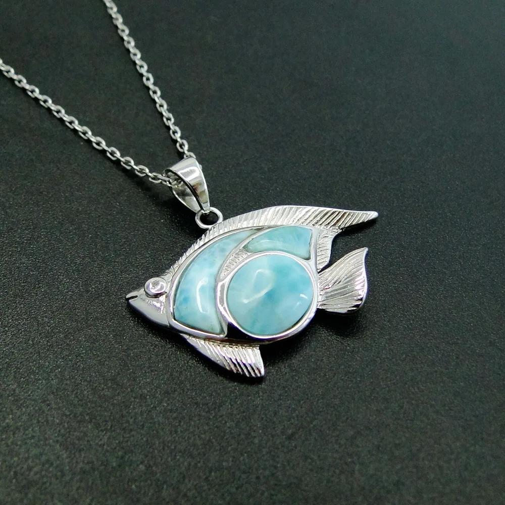 Натуральный камень Ларимар кулон милый морской рыбы кулон для женщин хорошее ювелирное изделие 925 пробы серебряный шарм кулон для подарка