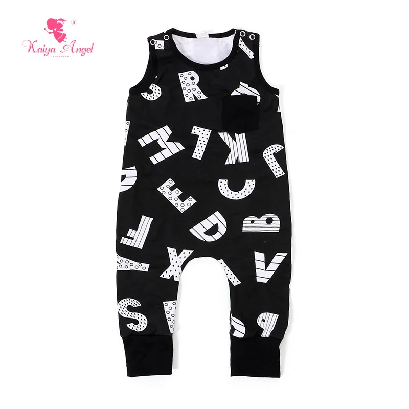 

2017 baby rompers summer black sleeveless letters printing cotton baby clothes romper kids boutique clothing boys girls jumpsuit