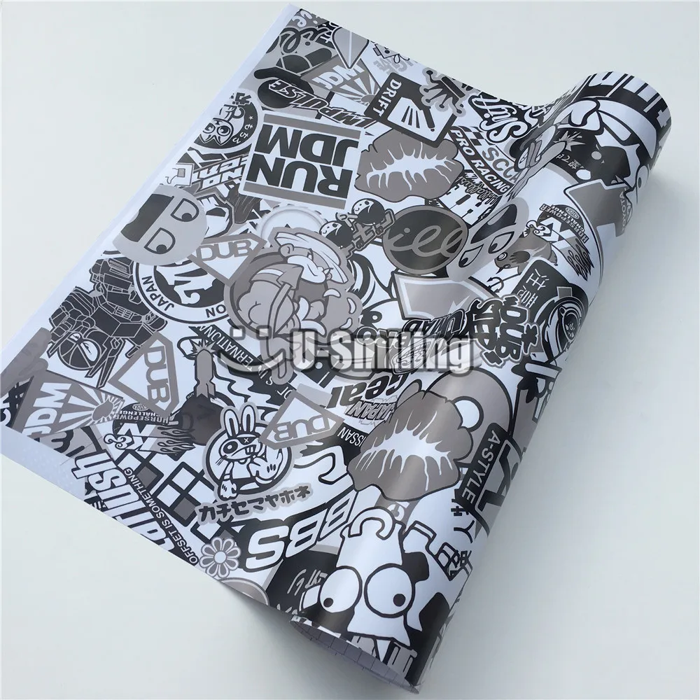HD Black White Sticker Bomb Graffiti Vinyl Cartoon Adhesive Film Stickers FOR Scooter Auto Skateboard Decal Camo Wrap