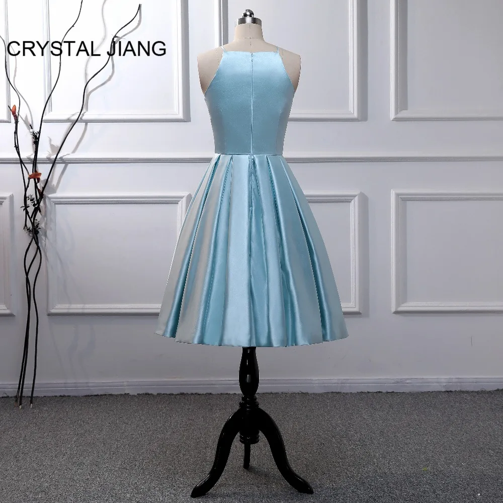 Платье для выпускного вечера Vestidos De Graduacion небесно-голубое атласное платье на тонких бретелях трапециевидной формы длиной до колена Короткие платья для выпускного
