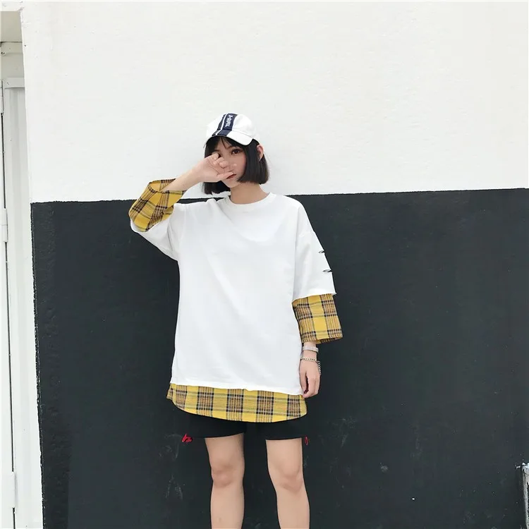 LAPPSTER летняя желтая клетчатая уличная футболка поддельные две части Harajuku Лоскутные футболки мужские Забавные футболки с длинным рукавом - Цвет: Yellow