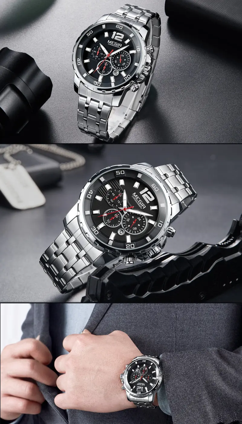Мужские часы с хронографом MEGIR наручные календарем и полностью стальным ремешком