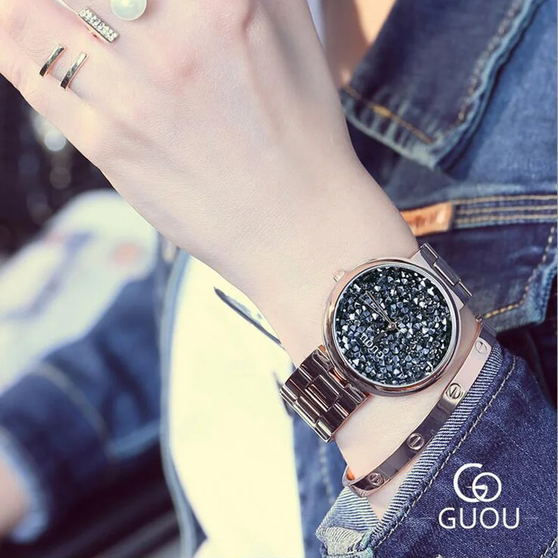 Часы GUOU женские изысканные наручные часы с бриллиантами Роскошные блестящие