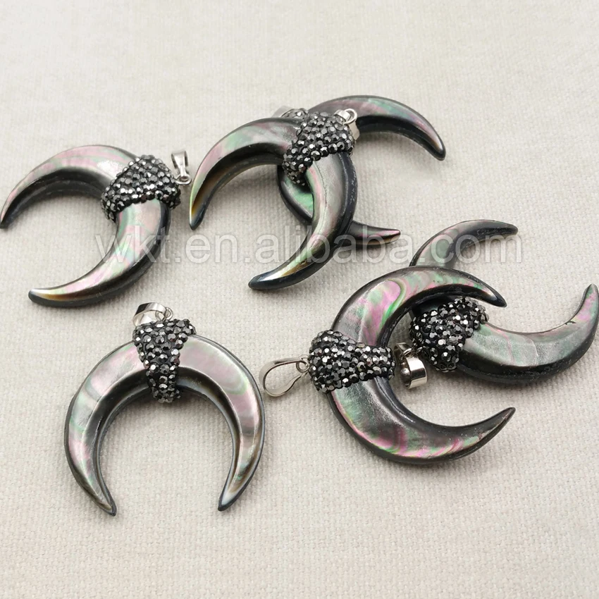 

WT-NP270 Wholesale Naturalblack Shell Horn Pendant With Charm Micro Paved Bohemian Style Horn Pendant Design For Necklace