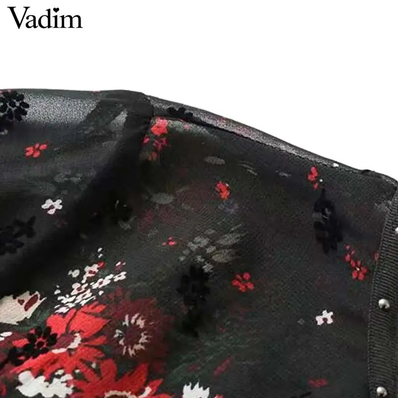 Vadim women vintage floral chiffon dress lace patchwork o neck long sleeve retro ladies casual brand chic mini dresses QZ3480 | Женская