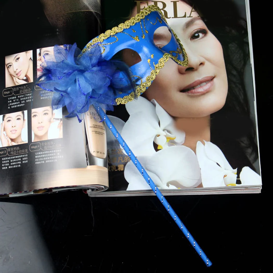 Венецианские маски с блестками Маскарадная маска на палочке цветок сторона