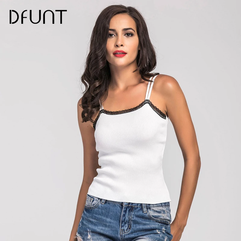 Dfunt Лето Женщины Ткань Camisoles Dentelle лоскутное сексуальный белый/черный с открытыми