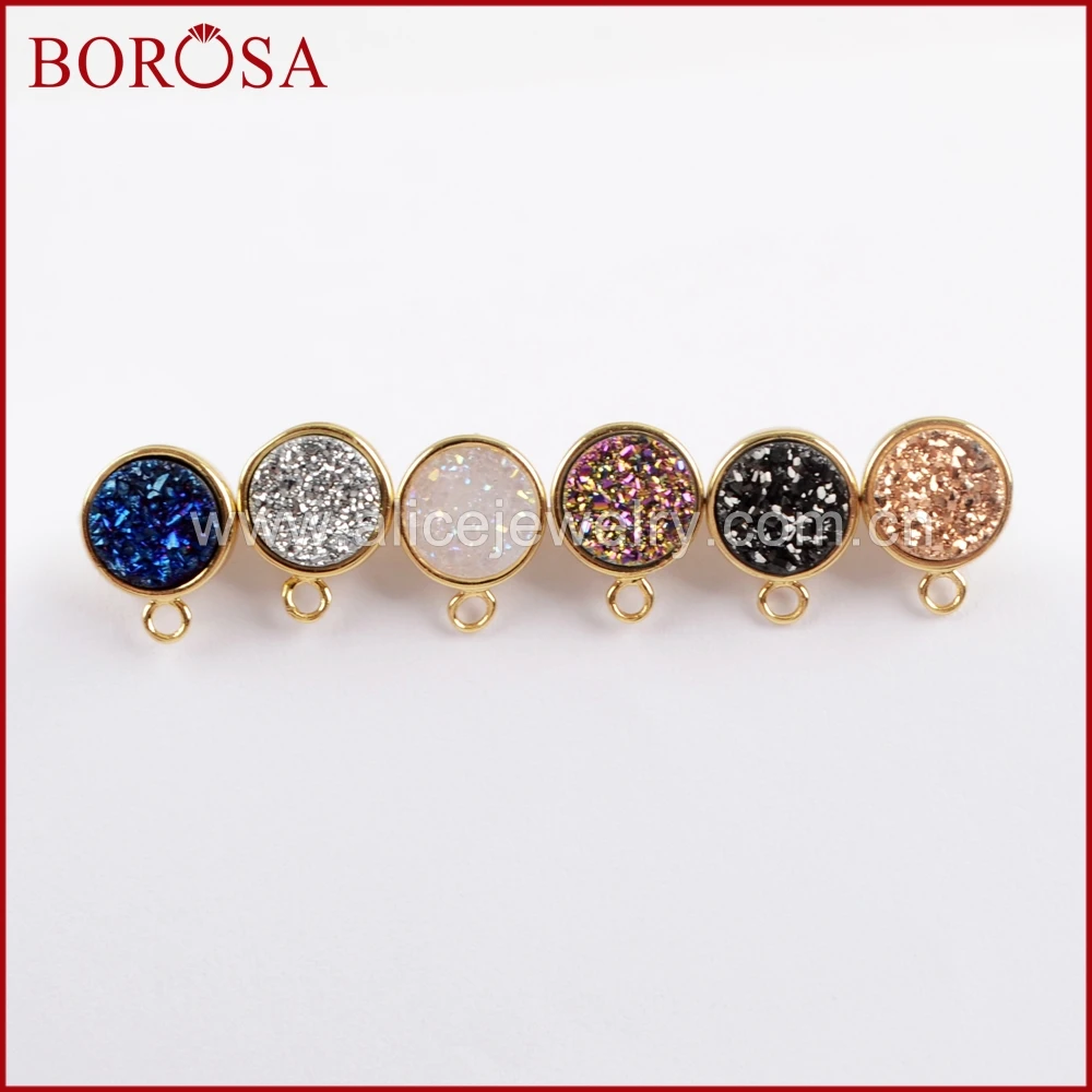 

BOROSA 5Pairs Round Gold Color Natural Agates Titanium Rainbow Druzy Stud Charm Drusy Earrings Jewelry Findings for Women ZG0260
