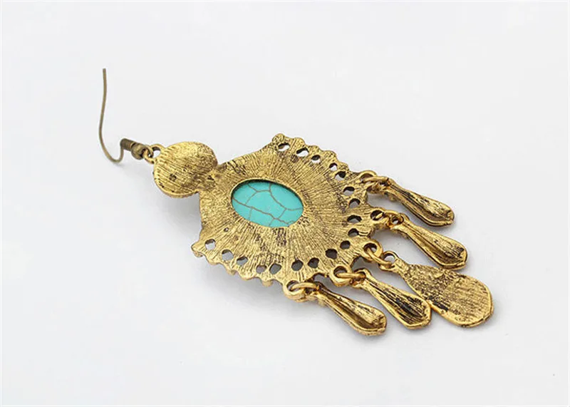 Women boho marble rhinestone beaded dangle set ethnic bohemian blue stone drop earrings tribal tassel jewelry antique gold gifts | Украшения