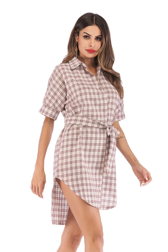 

2019 new summer women elegant office dresses Plaid lace short sleeve lapel dress beige Loose fashion women's clothing