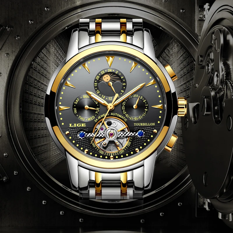 Топ люксовый бренд LIGE Мужские механические Tourbillon стальные часы Moon