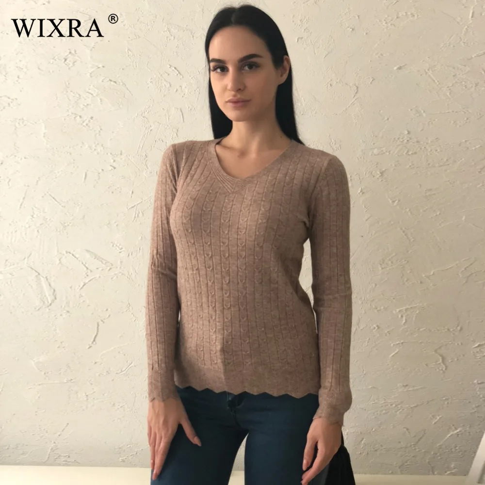 Wixra 2017 Осень Зима Новые Модные Женские однотонные тонкие пуловеры с v-образным