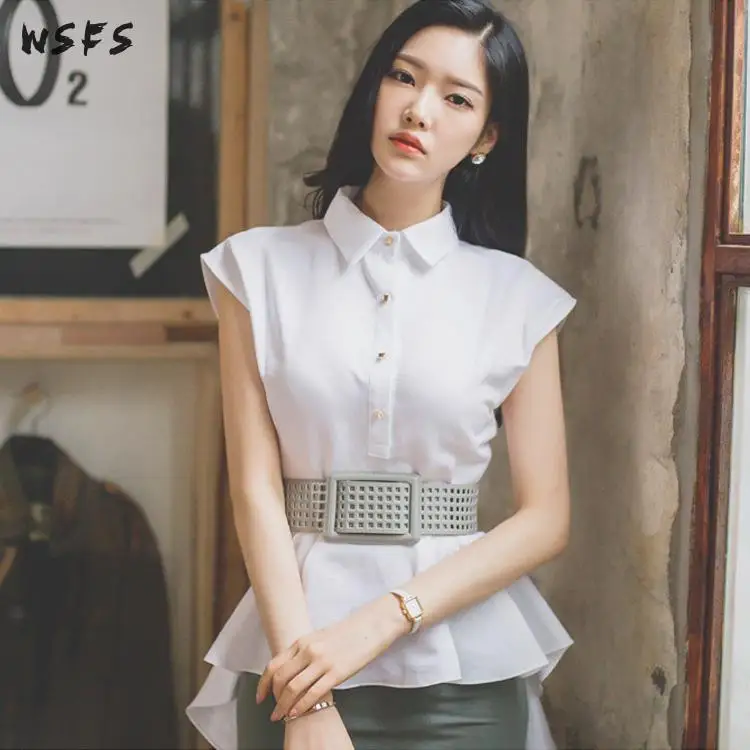 

2 Piece Summer White Shirt Asymmetrical Ruffles Tops Blouses Grey Pencil Midi Wrap Skirts Elegant Office Ladies Party Womens Set