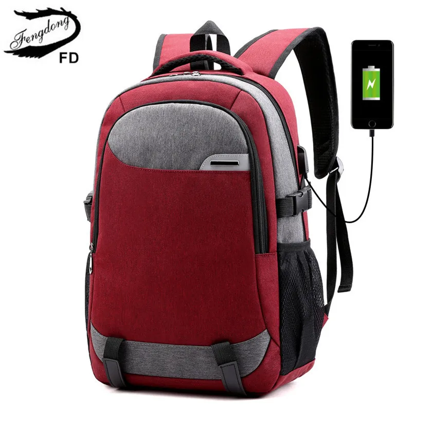 red Fengdong, школьный рюкзак для мальчика, usb сумка для мальчика-подростка, водонепроницаемый большой дорожный рюкзак с багажным ремнем, Мужская школьная сумка - Цвет: red