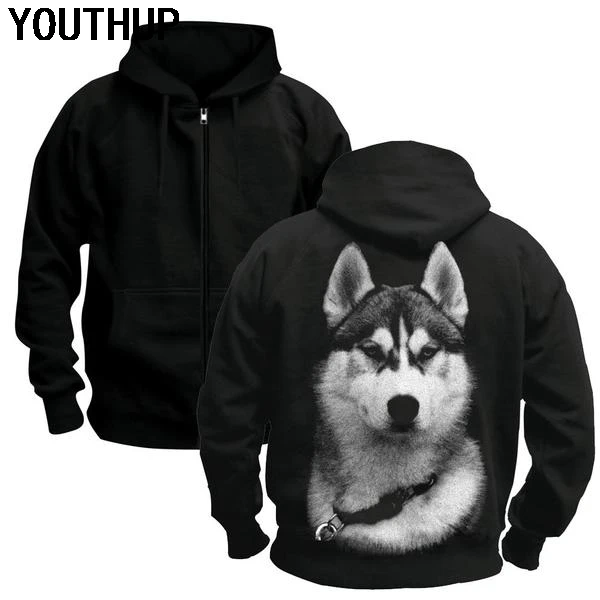 

YOUTHUP Male 3d Hoodies Cool Dog Print Husky Zipper Hooded Hoodies Black Coat Men Jacket Long Sleeve Plus Size Streetwear New