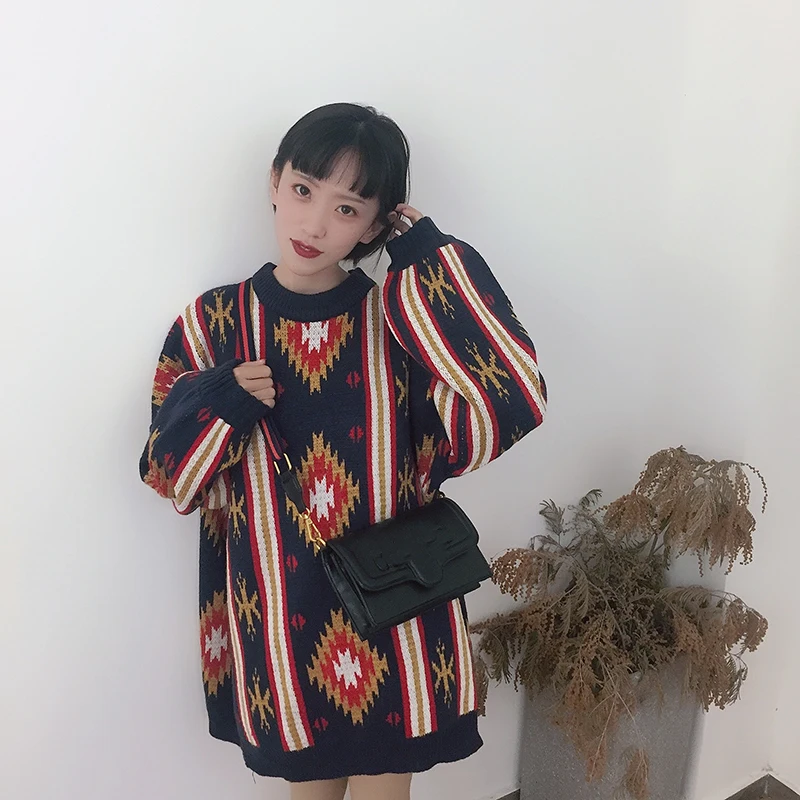 Autumn winter sweater women 2020 New Retro national wind Thicken Loose BF Long Knit pullovers Long-sleeve Female WYT612 | Женская одежда
