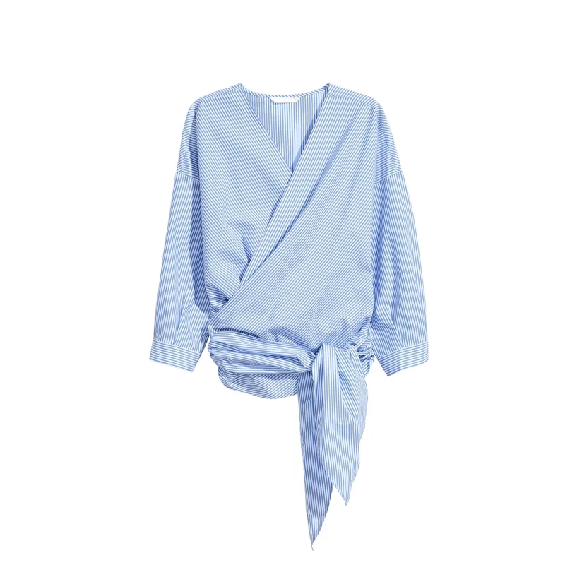 Sheinnet 2017 Summer Women Fashion Shirts Ruffle Striped Blue Blouses V-Neck Cute Lace Up Bottons Vintage Casual |