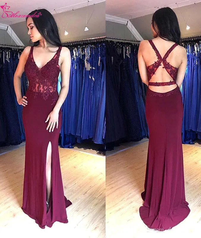 

Alexzendra V Neck Chiffon Mermaid Prom Dresses 2019 Crossed Back Long Formal Evening Dresses Party Dress