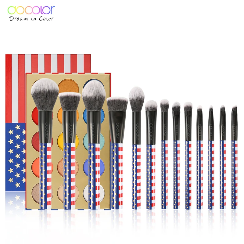 Brush and Eyeshadow Docolor, 13 шт., кисти для макияжа, косметическая основа, пудра, румяна, тени для век, Кисть для макияжа и 15 цветов, блестящая палитра теней для век - Handle Color: Brush and Eyeshadow