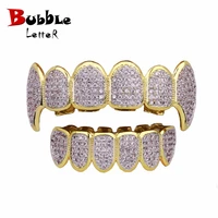 shining hip hop grillz iced out cz fang mouth teeth grills caps top bottom tooth set men women vampire grills fashion jewelry
