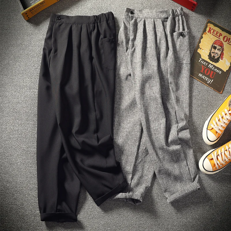

Summer Thin Wide Leg Pants Men's Loose Casual Ankle Length Casual Pants Men's Solid Color Linen Sports Breathable Pants M-5XL