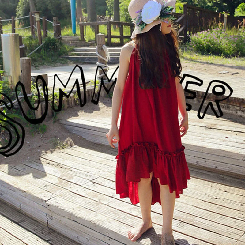 Шифоновое платье с оборками для девочек Лето 2018 г. богемное длинное красное
