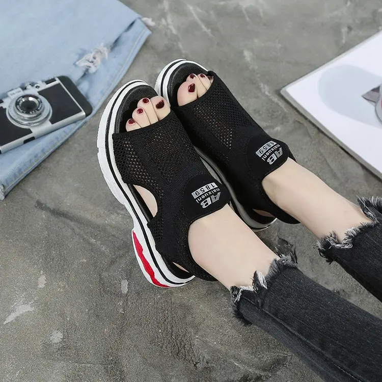 

Casual Women Sandals Fashion Slip-On Thick Bottom 5cm High Platform Non-slip Woven Openwork Solid Student Beach Women Shoes