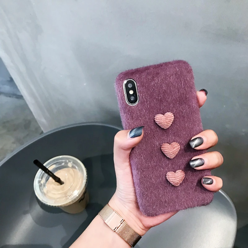 Милый модный фиолетовый пушистый чехол для iPhone xs max xr x мягкий с сердцем 7plus 7 8 plus 6s 6