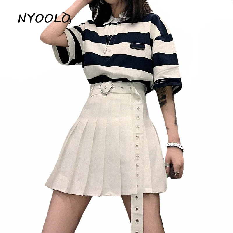 

NYOOLO Harajuku style Solid Color High Waist Skirt Summer women mini A-line Pleated Skirt with Love Buckle sashes School uniform