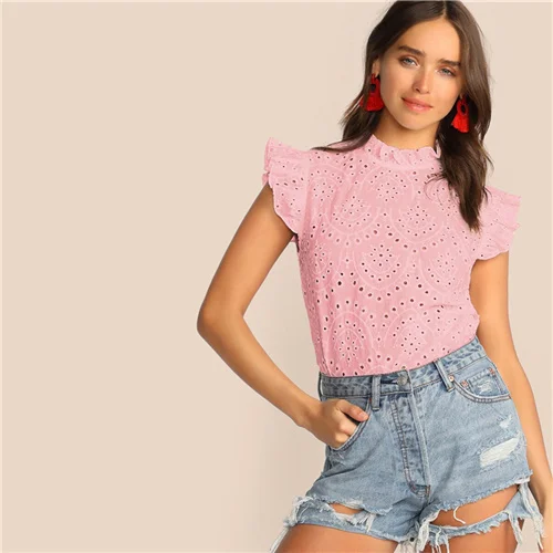 Розовый SHEIN модный топ с рюшами, вышивкой и ушками, Boho, белый, розовый, однотонный, без рукавов, со стоячим воротником, блузка, Женские топы и блузки - Цвет: Розовый