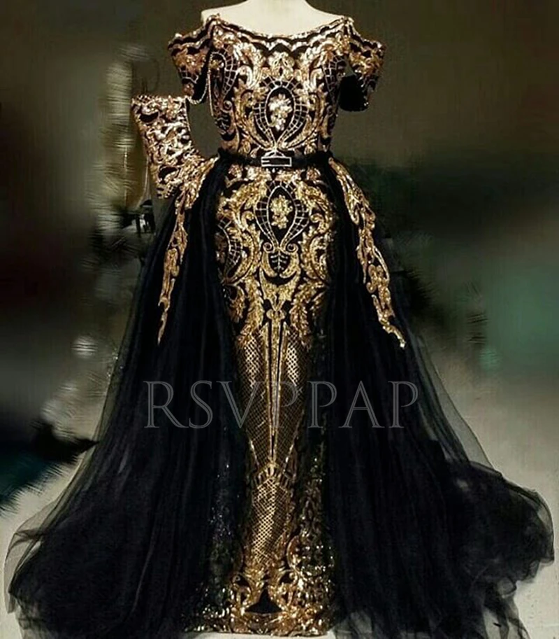 

Long Arabic Style Evening Dresses 2022 Cap Sleeve Sparkly Golden Sequin Black Formal Women Evening Gowns
