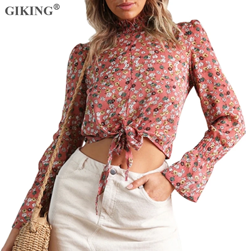 Giking/женские шифоновые рубашки Короткие топы повседневные блузы с длинным