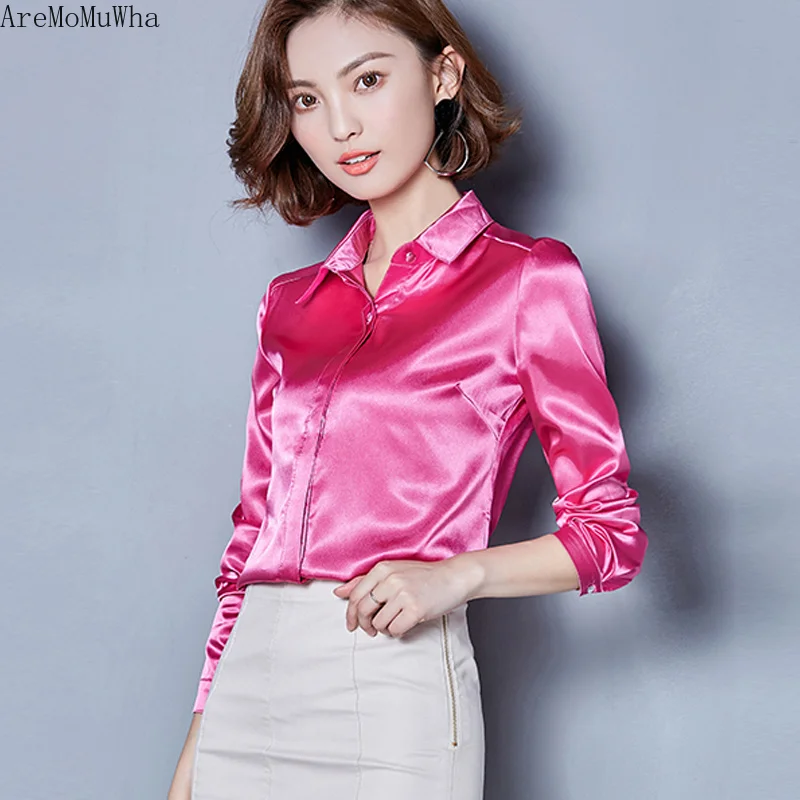 

AreMoMuWha 2019 Summer New Korean Satin Shirt Female Long-sleeved Solid Color Slim Slimming Silk Shirt Large Size Shirt MH172