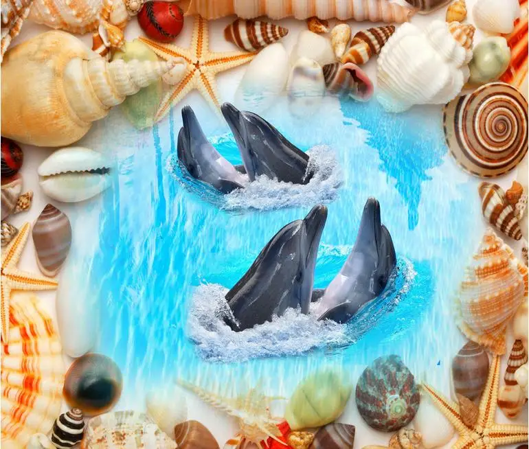 Пользовательские 3d полы пляжная оболочка обои с дельфинами пол живопись