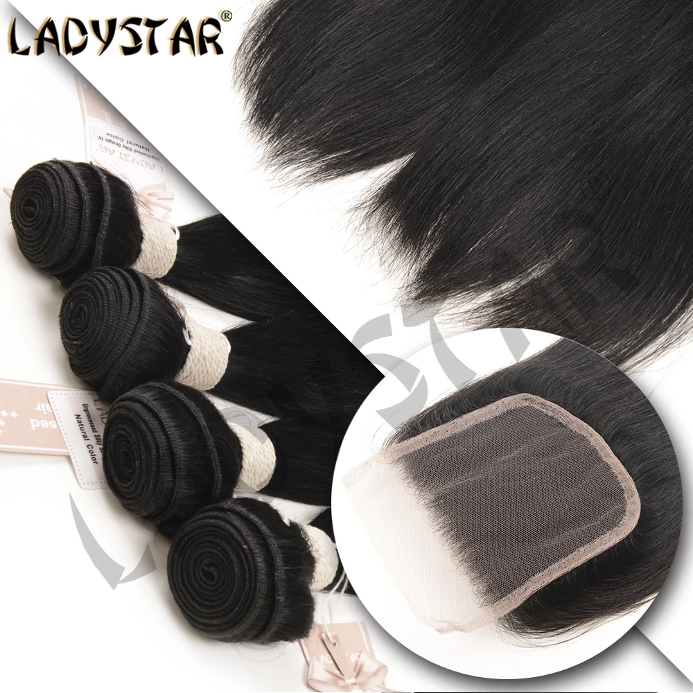 LADYSTAR 4 Пучки Бразильские Прямо Закрытие 4X4 Кружева 8а Бразильского Виргинские